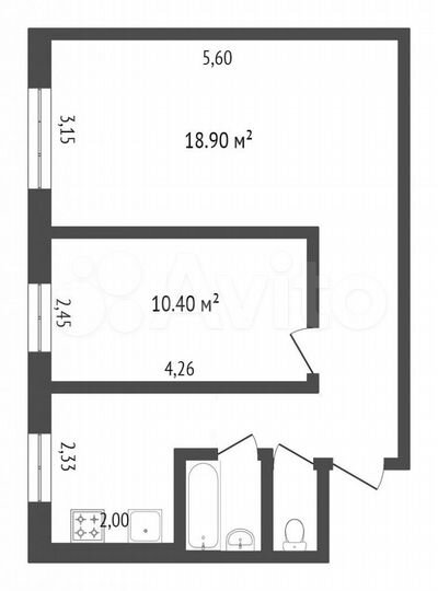 2-к. квартира, 43 м², 1/5 эт.
