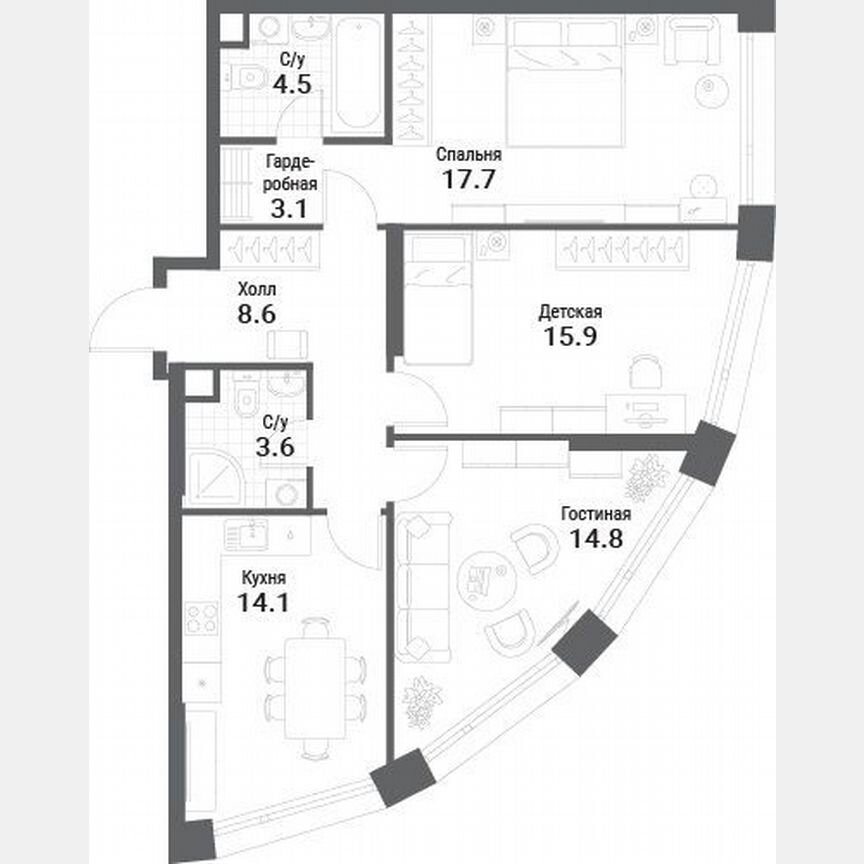 3-к. квартира, 82,3 м², 19/35 эт.