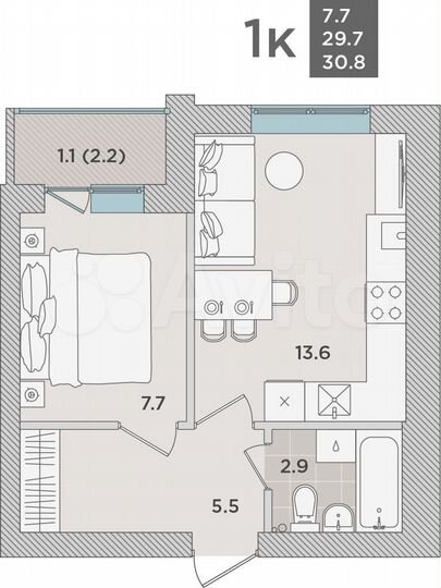 1-к. квартира, 30,8 м², 4/5 эт.