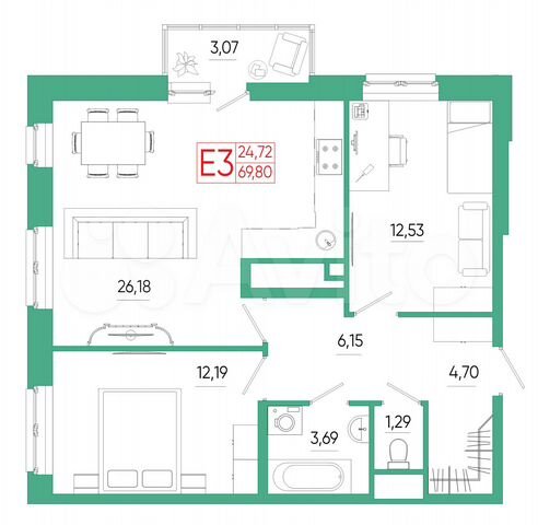 2-к. квартира, 69,8 м², 19/25 эт.