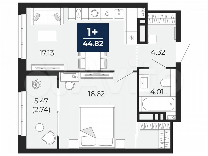 1-к. квартира, 44,8 м², 18/21 эт.