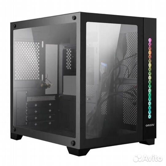 Корпус Ginzzu V300 mATX кубик, закаленное стекло, RGB подсветка