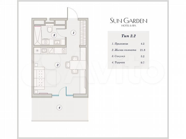 Апартаменты-студия, 41,8 м², 1/9 эт.