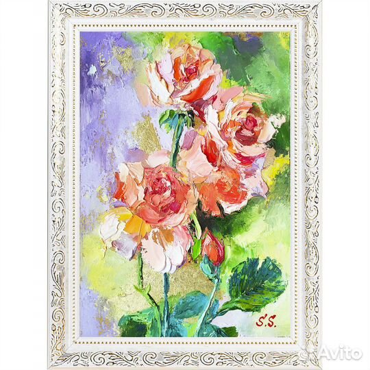 Картина маслом с поталью в раме Розы Картина 21х30