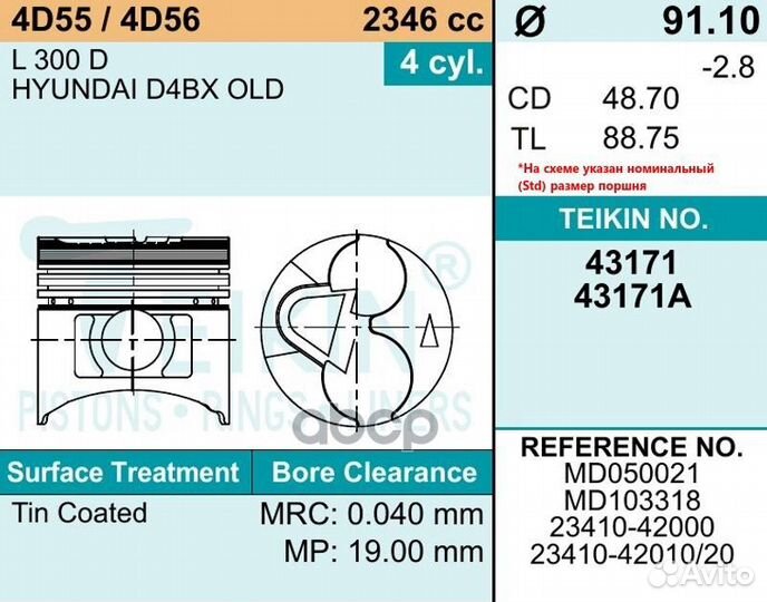 Поршень двигателя с пальцем 1шт 43171050 teikin