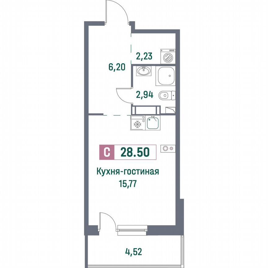 Квартира-студия, 28,5 м², 13/16 эт.