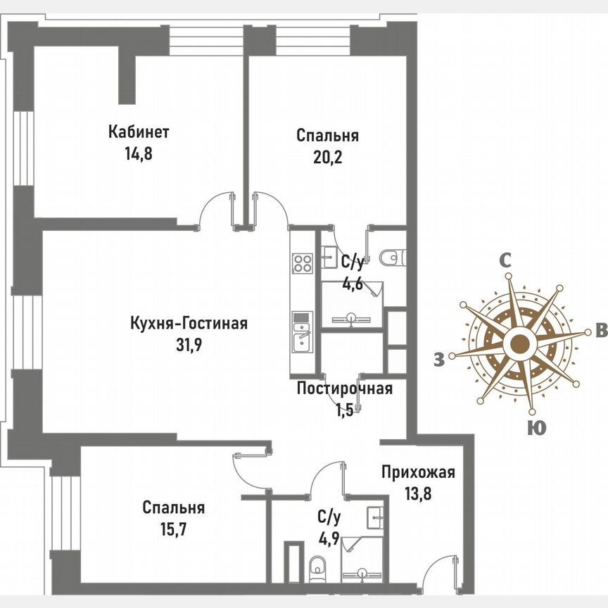 3-к. квартира, 96,9 м², 4/15 эт.