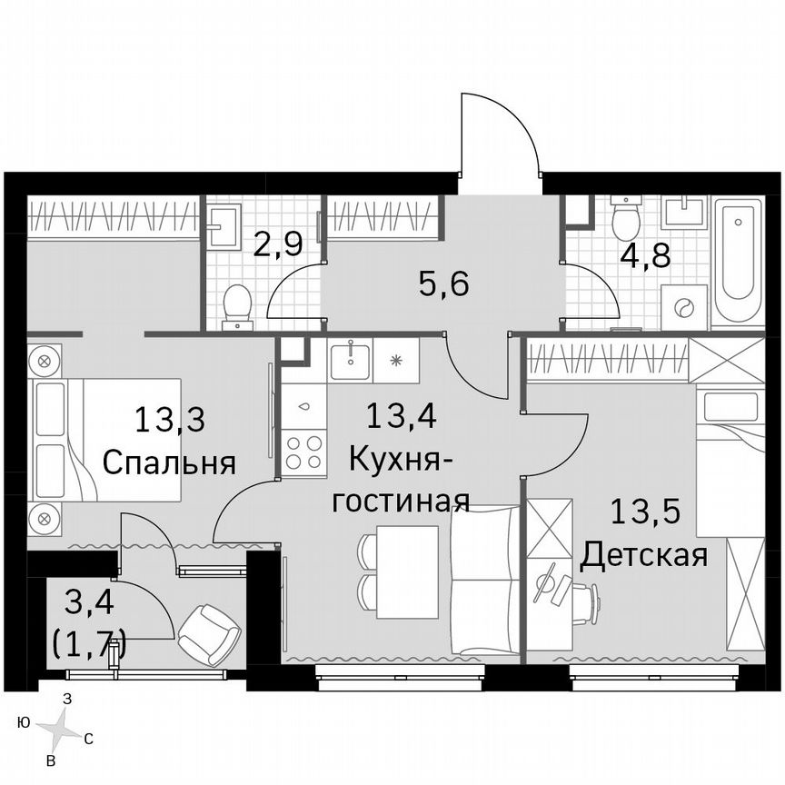 2-к. квартира, 55,2 м², 4/4 эт.