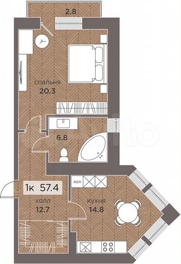 1-к. квартира, 57,4 м², 13/14 эт.