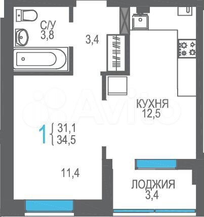 1-к. квартира, 34,5 м², 2/8 эт.