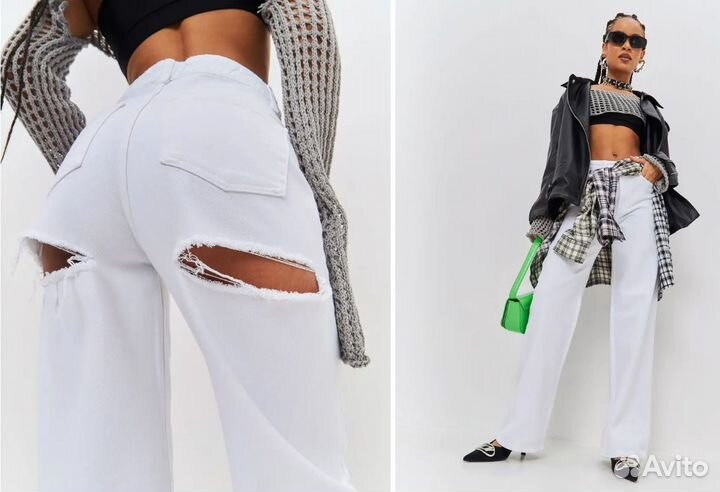 Рваные джинсы полаццо с разрезами на бедрах сзади