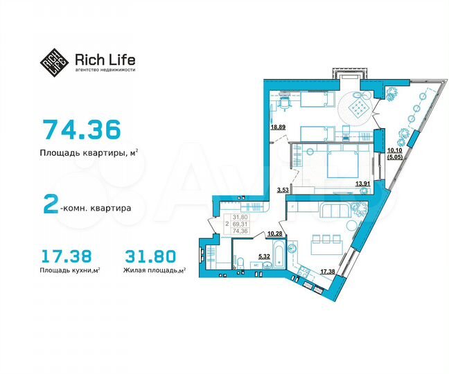 2-к. квартира, 75,1 м², 1/4 эт.