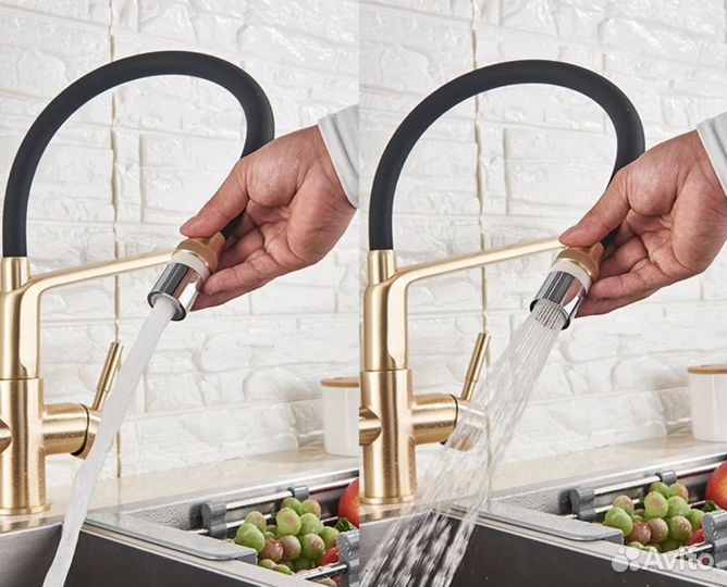 Смеситель для кухни фильтр с кнопкой золото