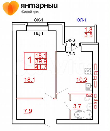 1-к. квартира, 41,7 м², 8/10 эт.