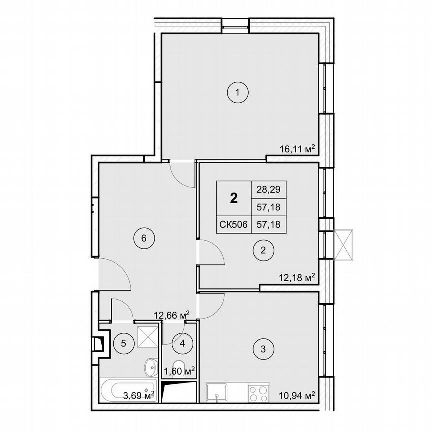 2-к. квартира, 57,2 м², 6/12 эт.