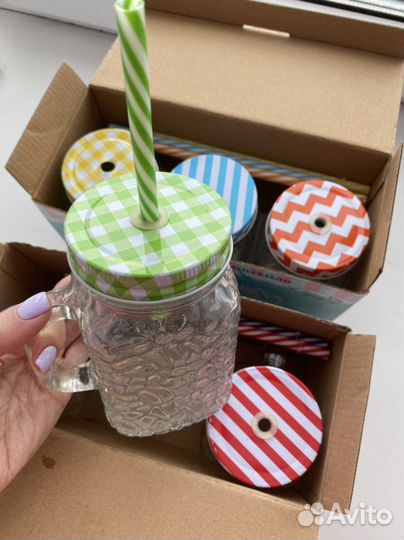 Посуда кружка банка для коктейля с трубочкой