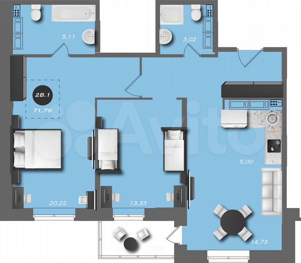 2-к. квартира, 71,8 м², 19/22 эт.