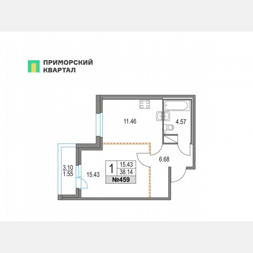 1-к. квартира, 38,1 м², 4/16 эт.