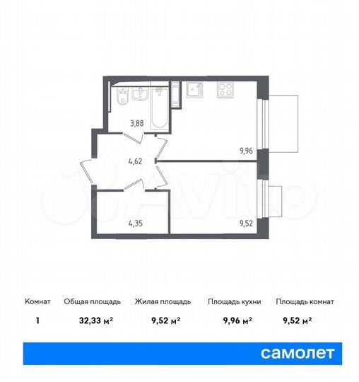 1-к. квартира, 32,3 м², 10/12 эт.