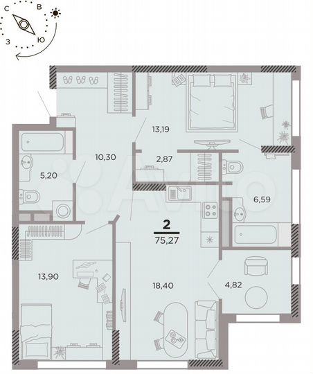 2-к. квартира, 75,3 м², 3/25 эт.