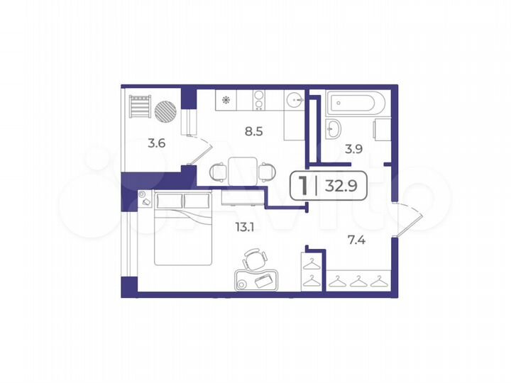 1-к. квартира, 32,9 м², 16/22 эт.