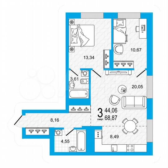 2-к. квартира, 68,9 м², 22/27 эт.