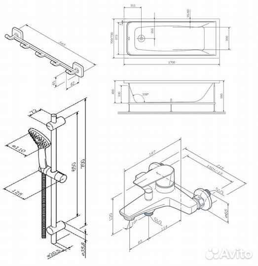 Комплект акриловой ванны AM.PM Gem 170х70 WK90EA без гидромассажа со смесителем с душевым гарнитуром
