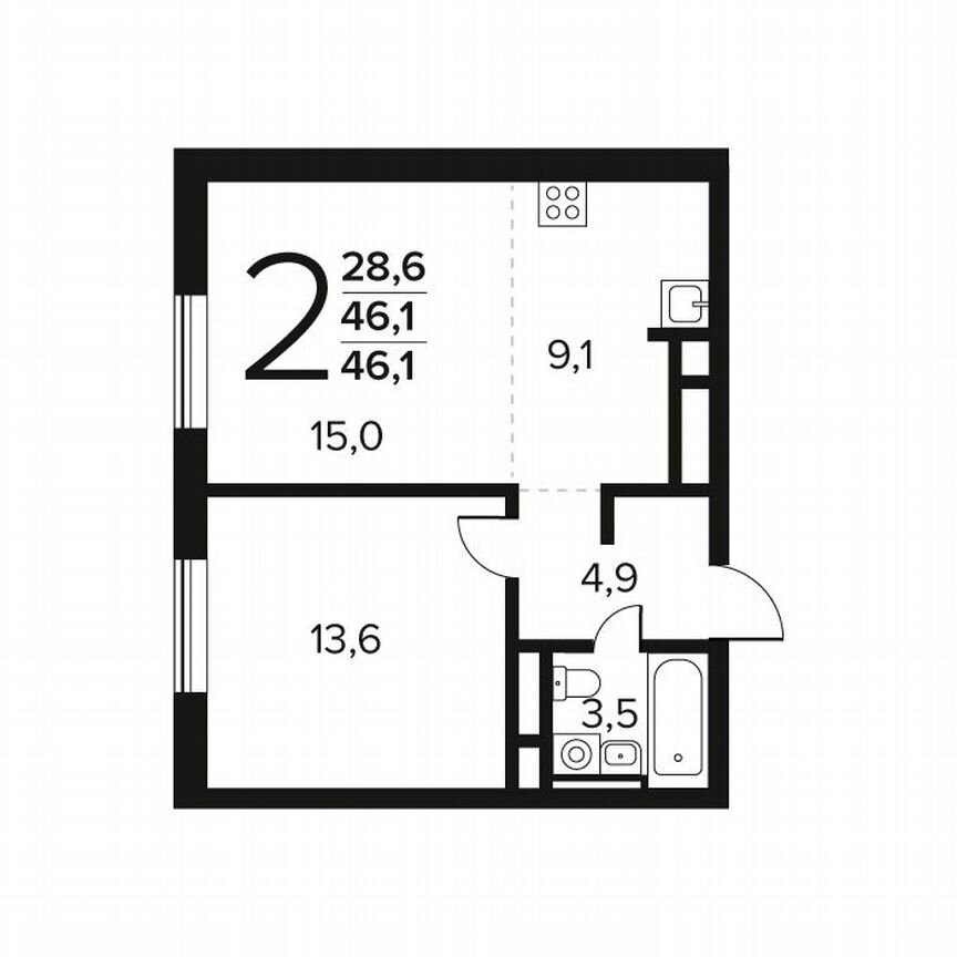 2-к. квартира, 46,1 м², 9/9 эт.