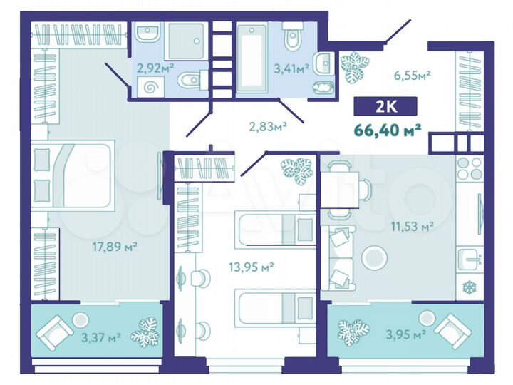 2-к. квартира, 66,4 м², 6/10 эт.