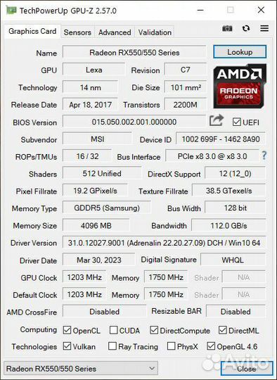 Radeon RX 550 4GB MSI Aero ITX OC