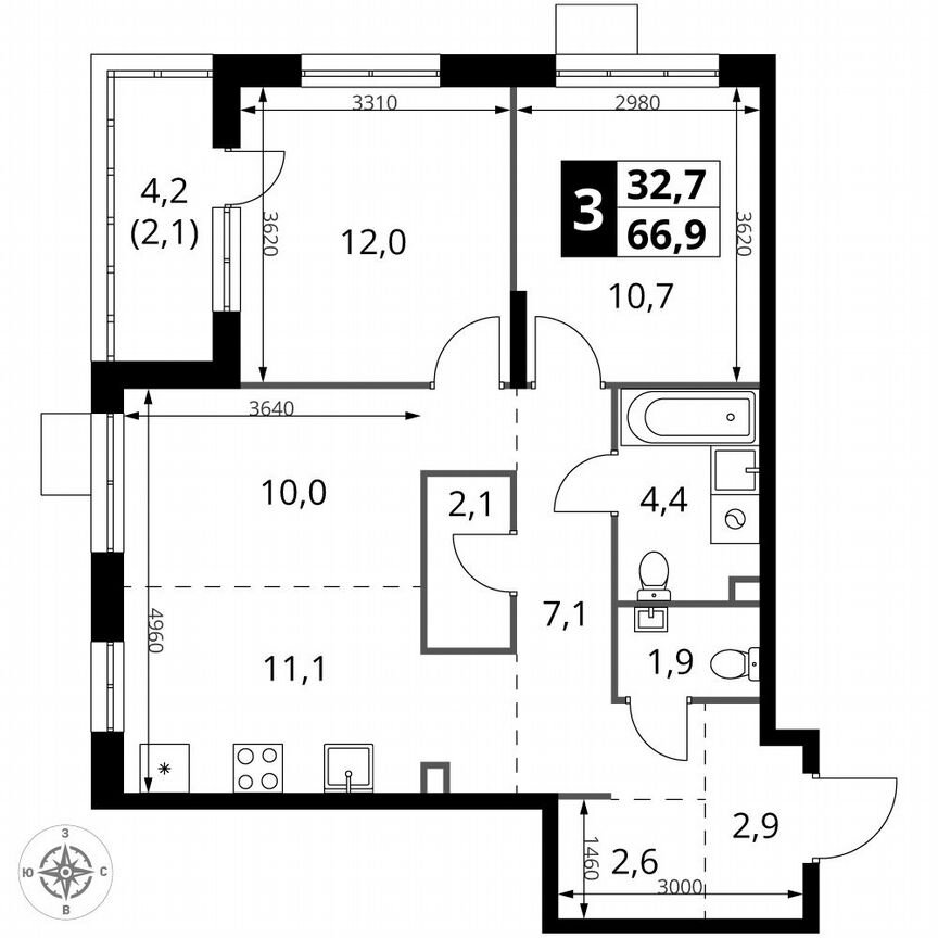 3-к. квартира, 66,9 м², 2/25 эт.