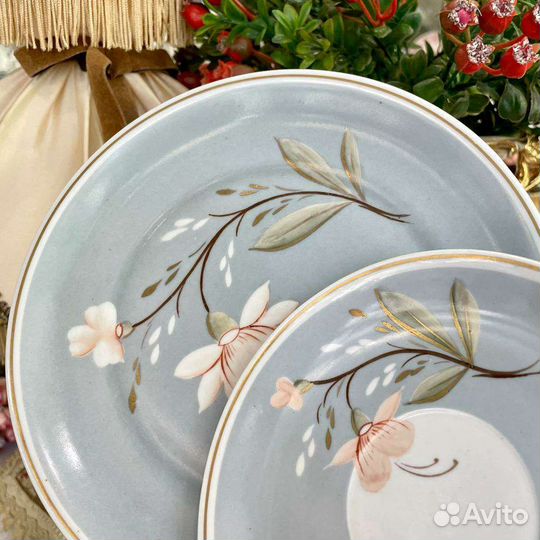 Антиквариат чайное трио Piesau серо-голубая