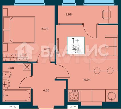 1-к. квартира, 40 м², 8/19 эт.