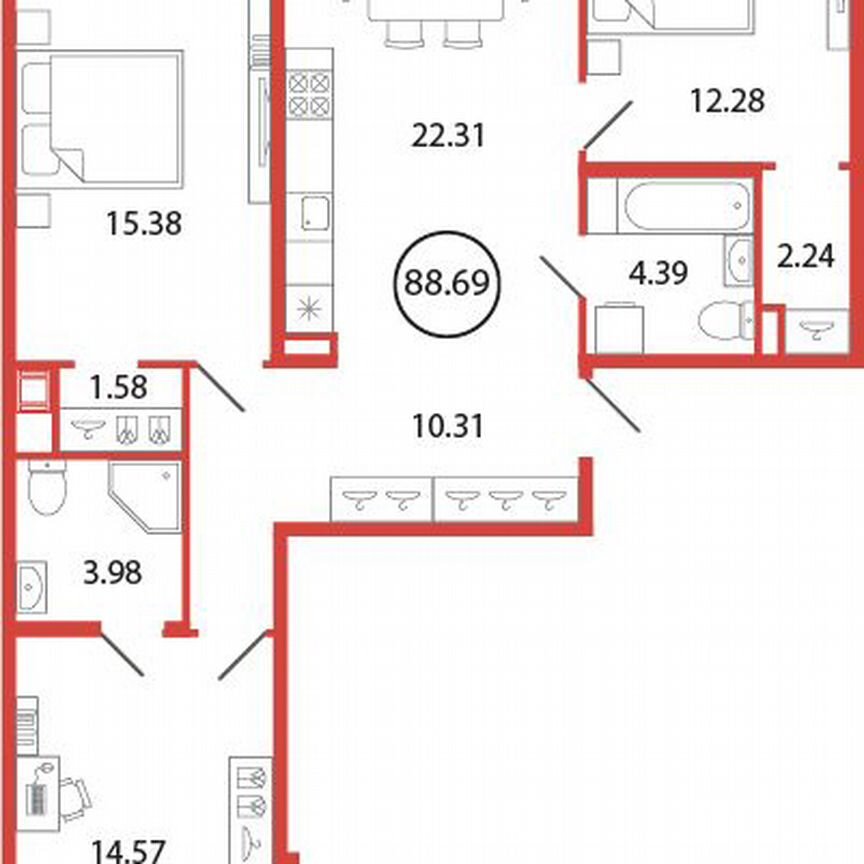 3-к. квартира, 88,7 м², 3/12 эт.