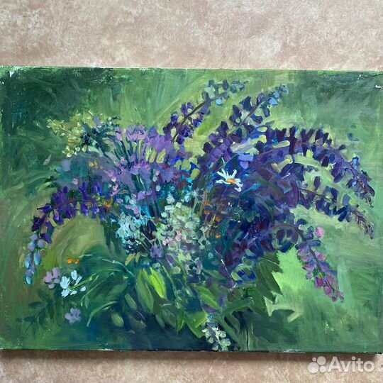 Картина маслом Цветы Люпины в подарок