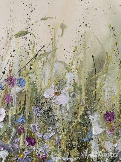 Картина маслом 100х70, поле цветочное