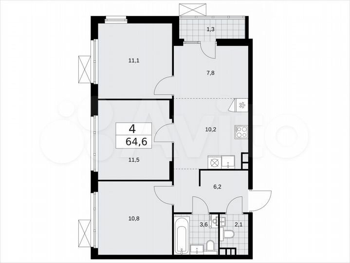 4-к. квартира, 64,6 м², 3/16 эт.