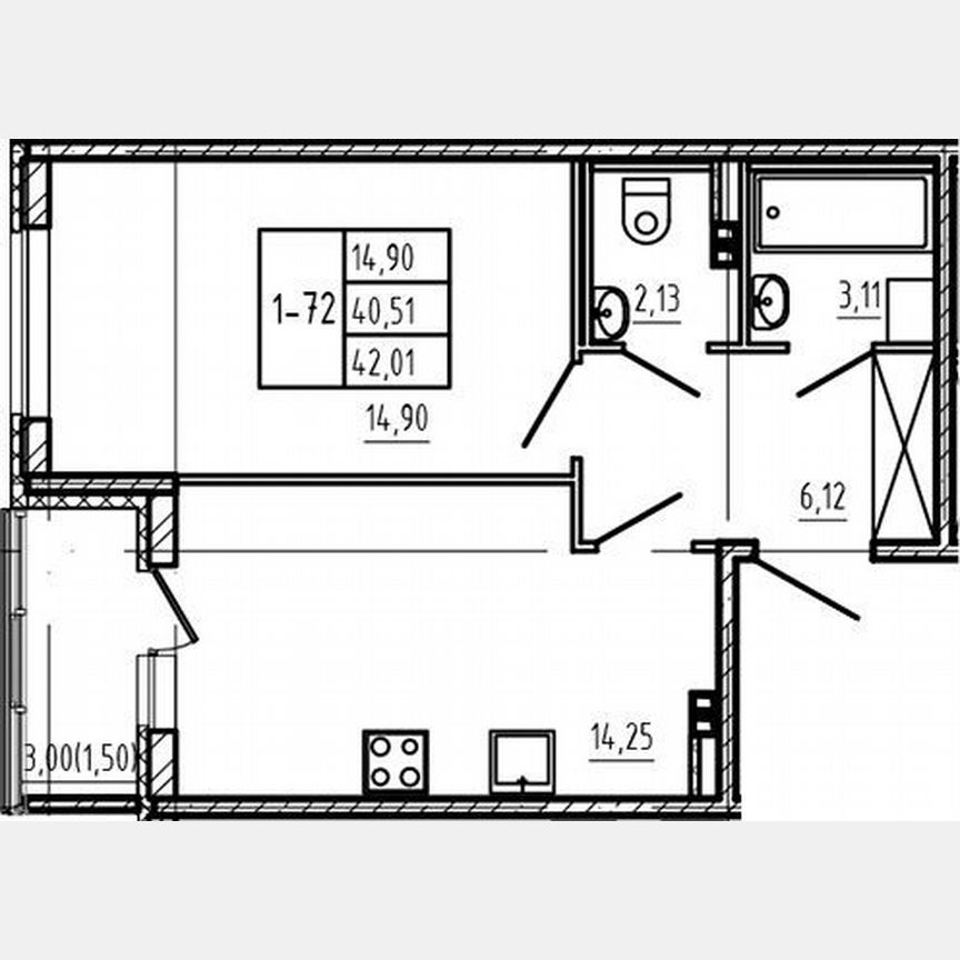 1-к. квартира, 40,5 м², 3/4 эт.