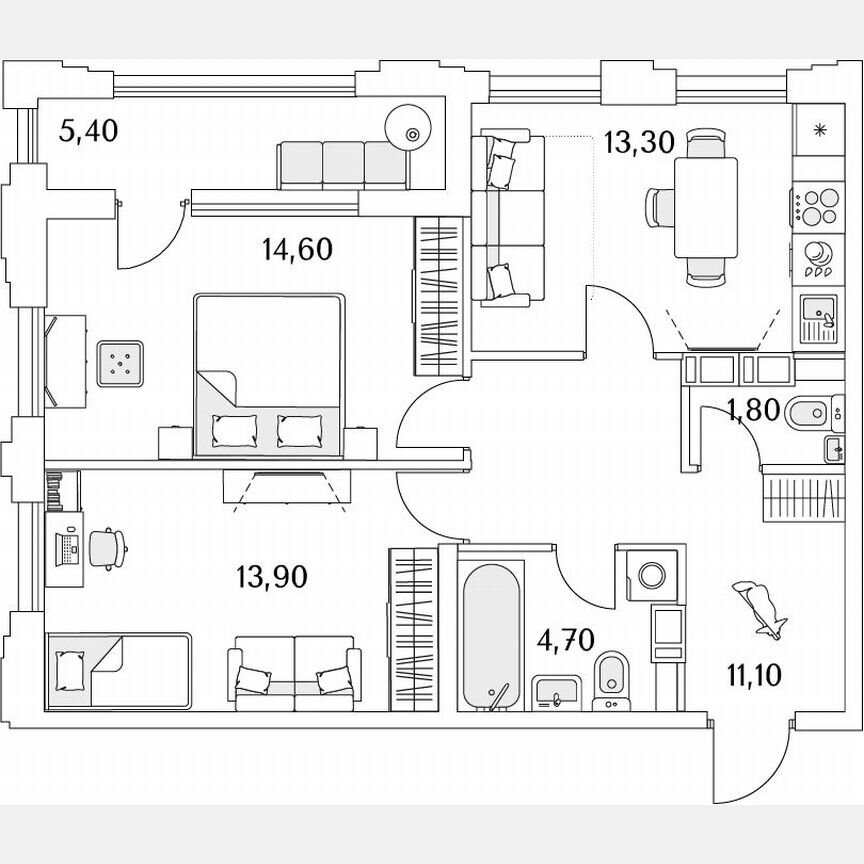 2-к. квартира, 61,8 м², 5/13 эт.