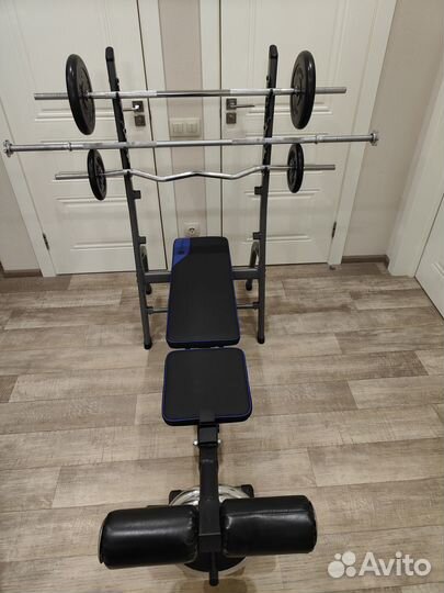 Скамья для жима со стойкой, блины и грифы