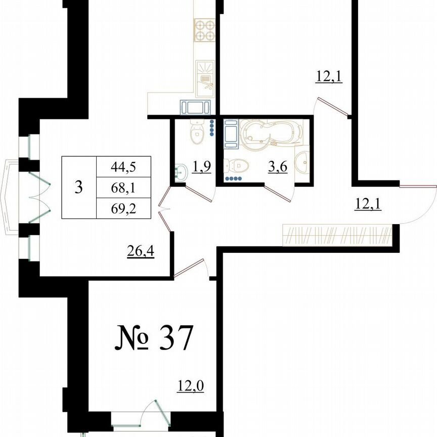 3-к. квартира, 69,2 м², 4/8 эт.