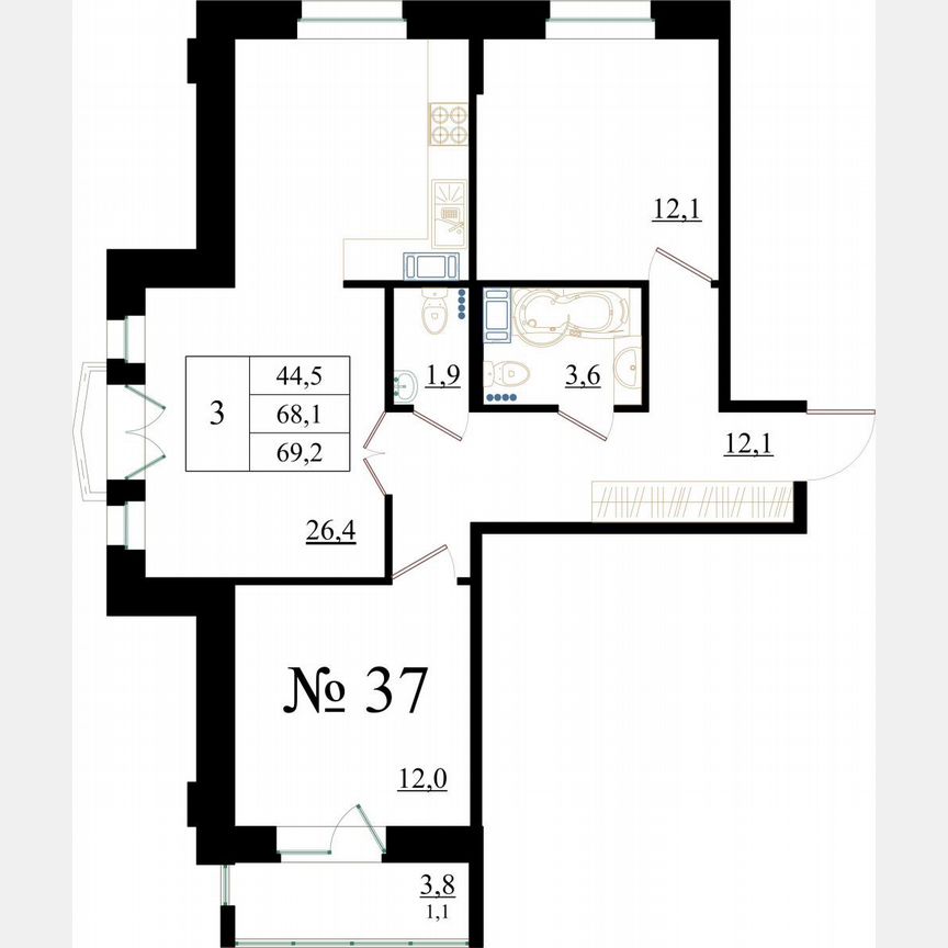 3-к. квартира, 69,2 м², 4/8 эт.