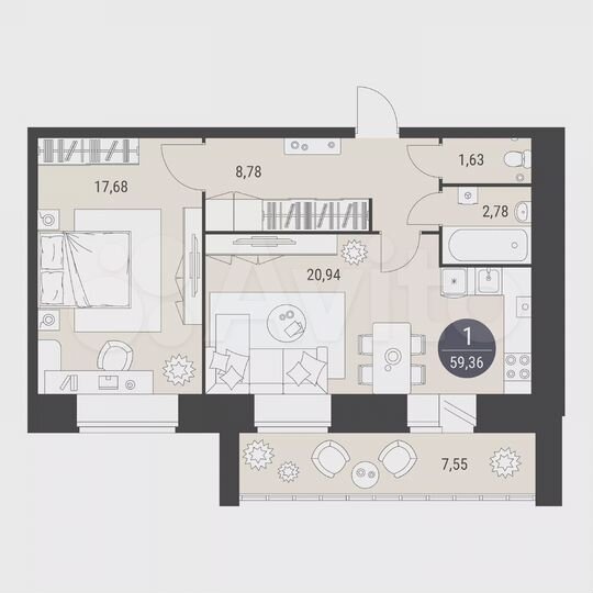 1-к. квартира, 59,4 м², 6/10 эт.