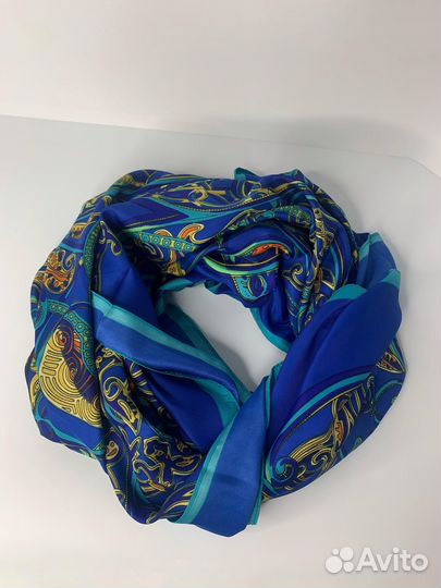 Платок Hermes/Эрмес,130х130,принт птицы синий