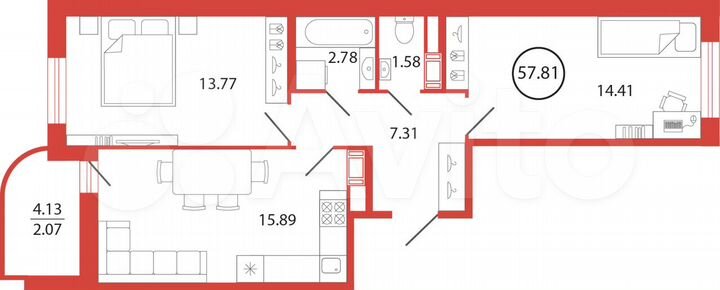 2-к. квартира, 57,8 м², 3/12 эт.