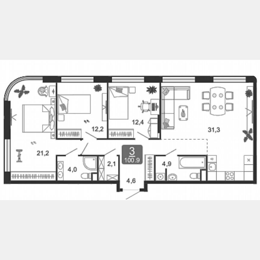 3-к. квартира, 100,9 м², 2/17 эт.