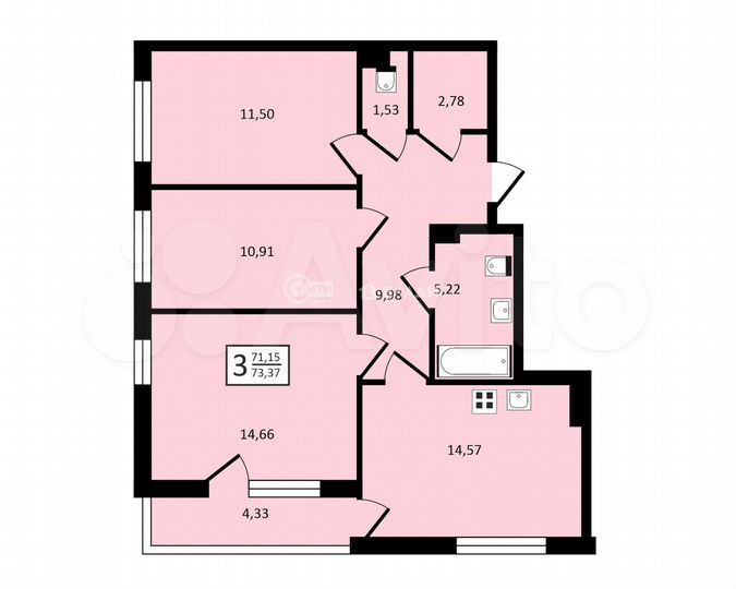 3-к. квартира, 73,4 м², 5/14 эт.