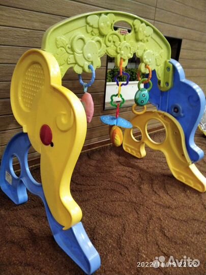Развивающий коврик, дуга с игрушками и каталка