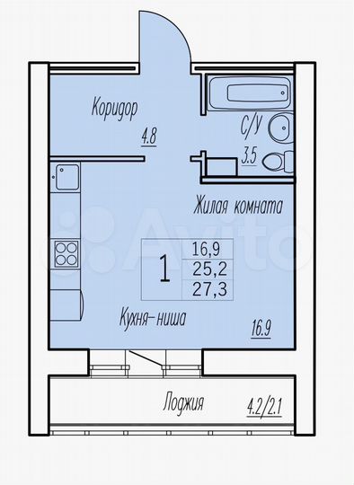 Квартира-студия, 25,2 м², 8/9 эт.