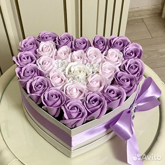 Букет сердце, мыльные розы в коробке